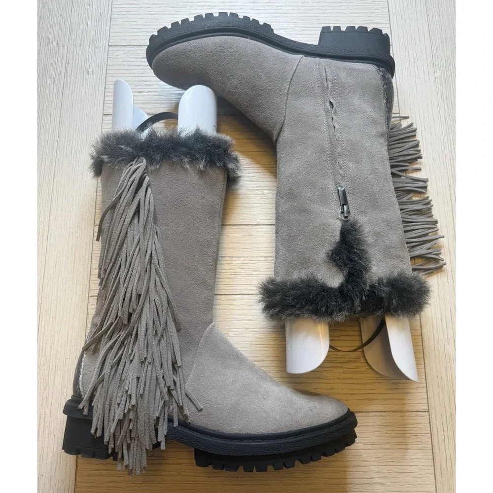 NWOT Sam Edelman Tilden Faux Fur Gray Fringe Mid Calf Suede Boots Sz 7 US 1